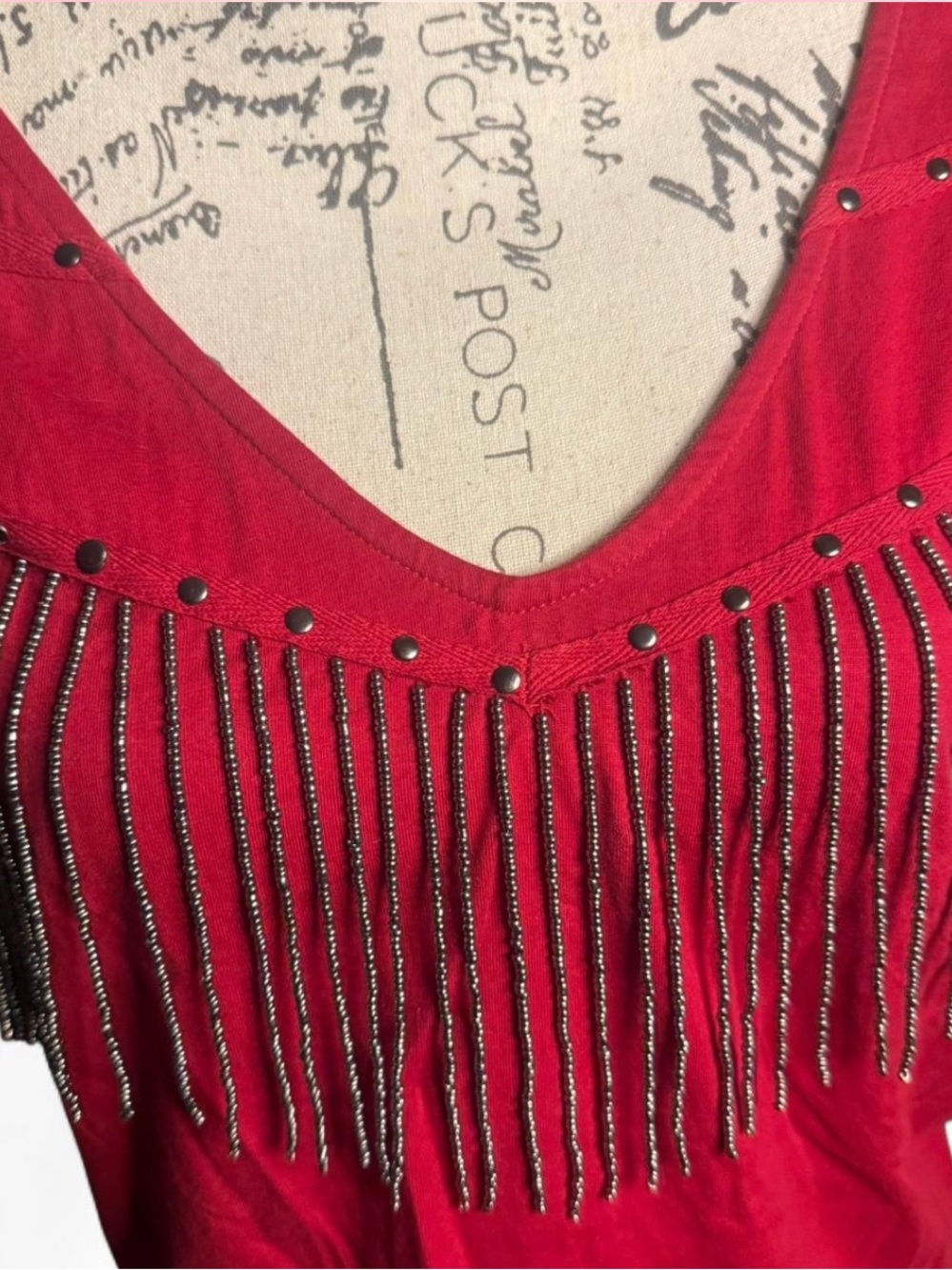 Red Western Beaded Fringe Tank Top